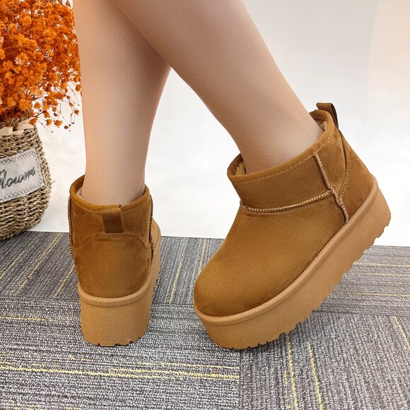 Women CAMEL Winter Slip On Warm Fur Suede Snow Ankle Boots Slipper 2 Inch Sole - Picture 5 of 5